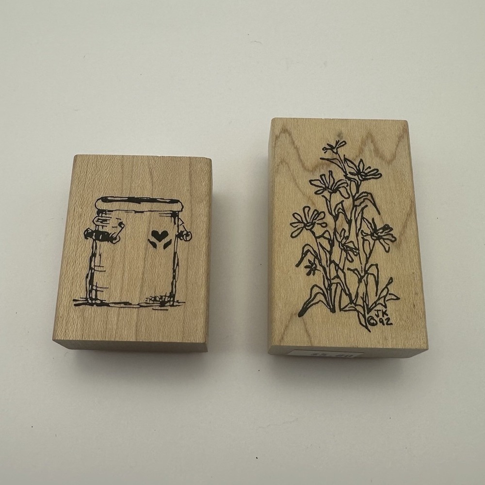 Judith Milk Can E-14 Flowers Sketch Wood Mount Rubber Stamp Vintage Lot Of 2 New